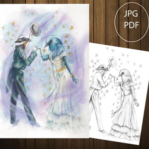 Página para colorear de la Danza de los Pájaros Enamorados, páginas para colorear en escala de grises, dibujos de fantasía para adultos (PDF), tamaño carta, tamaño A5, tamaño A4