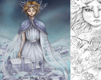 Winter Magic Fairytale Coloring Book Pdf  , Winter Coloring Book For Adult Relaxation , Printable Pdf , Letter Size , A4 Size