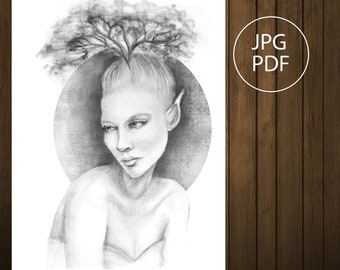Forest Fairy Coloring Page , Fantasy Grayscale Coloring Pages Printable , Instant Download , PDF, letter Size cf