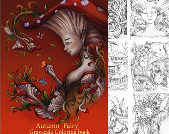Autumn fairy grayscale coloring book , fantasy coloring pages for adult , instant download pdf , hand draw
