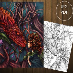 Drache Graustufen Färbung Seite, Fantasy Erwachsene Färbung Seite, Printable Pdf, Letter Size, A5 Größe, A4 Größe