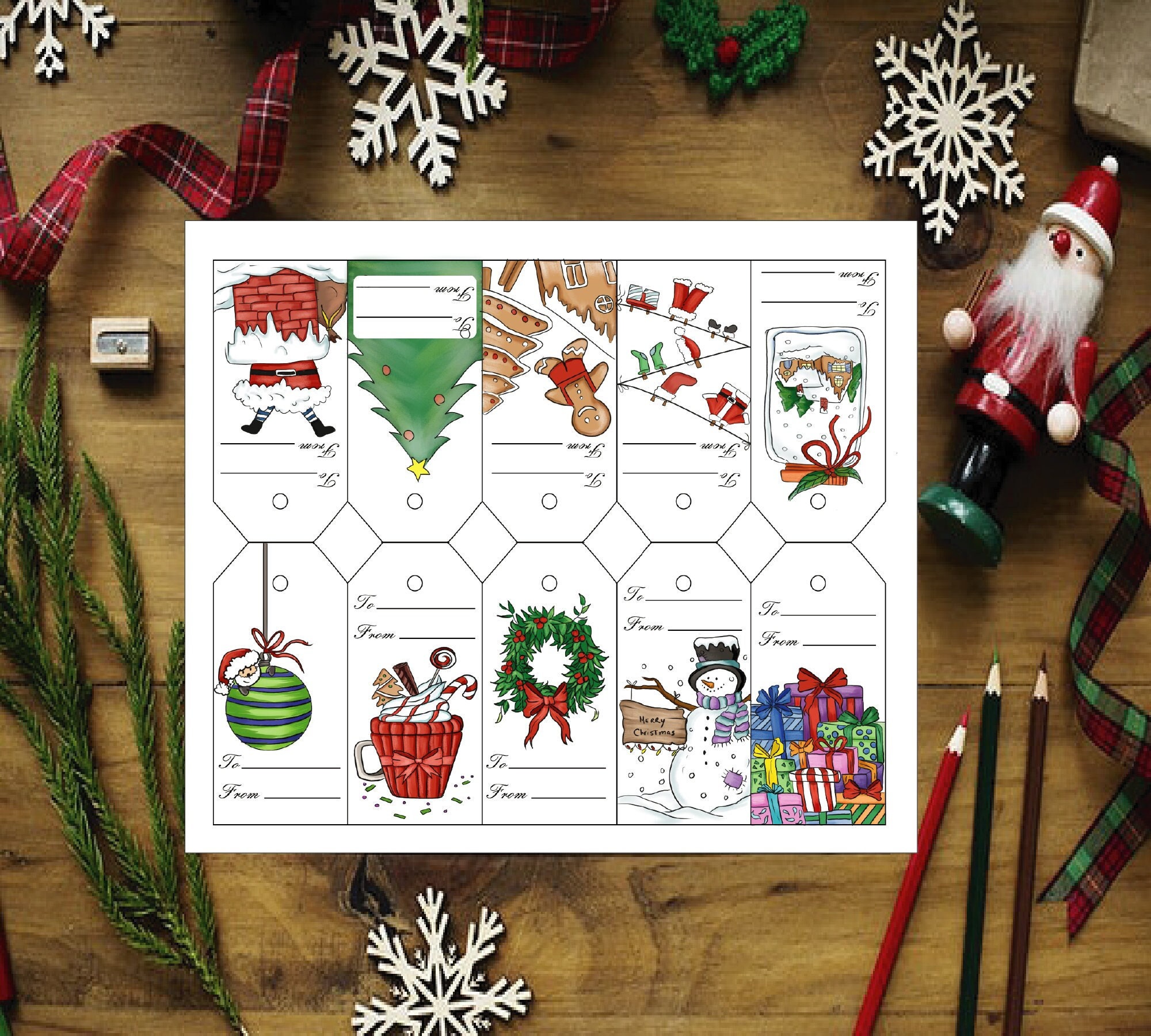 Etichette regalo di Natale da colorare e stampare, etichette regalo fai da te per le feste, download immediato, formato lettera, PDF