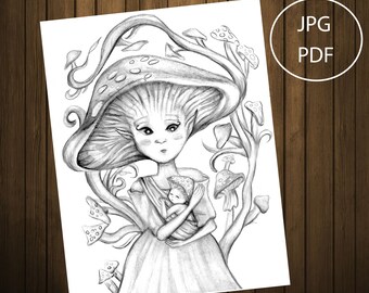 mushroom fairy grayscale coloring page ,  fantasy coloring page for adults pdf, instant download , original draw , letter size