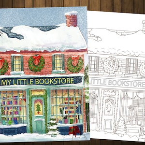 Página para colorir Minha pequena livraria em PDF, páginas para colorir para adultos de Natal, download digital, impressão, tamanho carta, JPG PDF