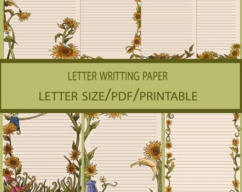 Sunflower Lined Writing Paper ,Printable Stationary Paper , Nature Journal Scrapbook Kit, pdf digital download