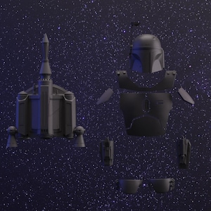 May include: A disassembled Mandalorian armor set and jetpack against a starry background. The armor includes a helmet, chest piece, shoulder pads, and other components. The jetpack is on the left, and the armor is in the center.