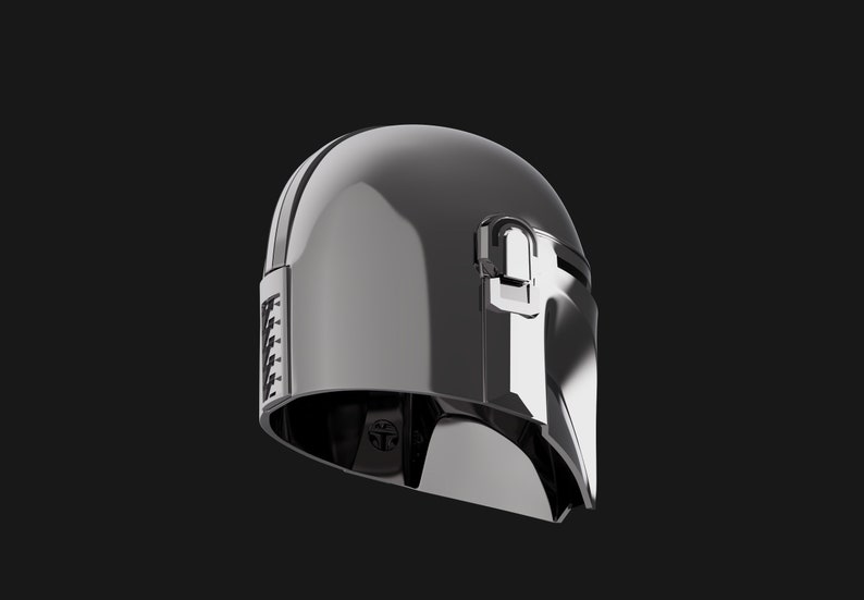 May include: A silver helmet with a visor and a textured design. The helmet has a black stripe on the side and a small black detail on the top.