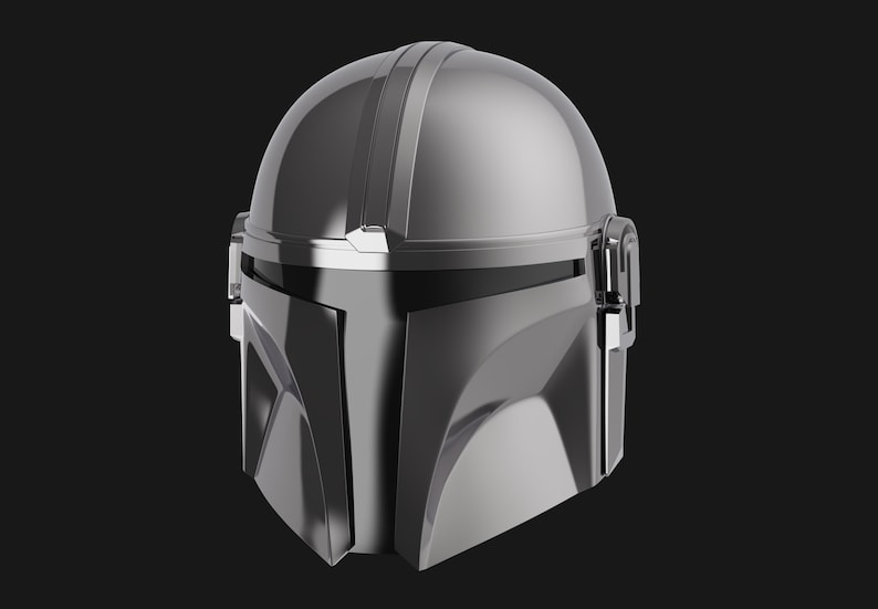 May include: A silver Mandalorian helmet with a visor and a textured surface.