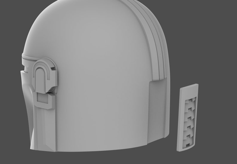 May include: A 3D printed model of a helmet with a visor and a separate piece for the back. The helmet is gray and has a smooth surface.