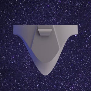 May include: A solid light grey athletic supporter featuring a contoured pouch design with a central vertical seam and a wide waistband, presented against a dark purple background filled with a dense pattern of bright white stars and cosmic dust.