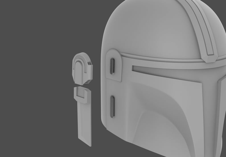 May include: A gray 3D printed model of a Mandalorian helmet with two separate pieces, a visor, and a side panel.