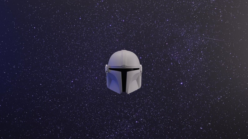 May include: A white helmet with a black visor against a dark blue background with white stars.