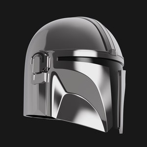 May include: A silver helmet with a visor and a curved design. The helmet has a smooth, metallic finish.