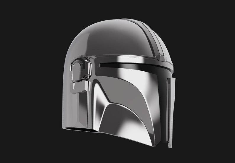 May include: A silver helmet with a visor and a curved design. The helmet has a smooth, metallic finish.