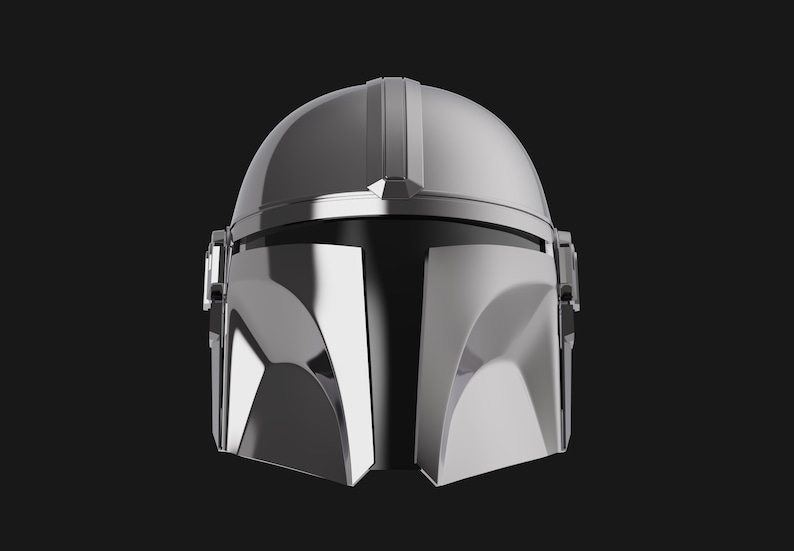 May include: A silver Mandalorian helmet with a visor and a T-shaped design on the front.