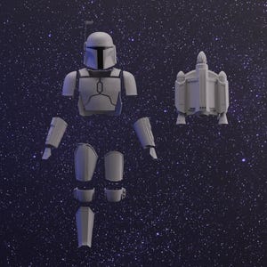 Könnte beinhalten: Ein weißer Plastikmodellbausatz eines Star Wars-Charakters, Boba Fett, zerlegt in mehrere Teile. Die Teile sind auf einem dunkelblauen Hintergrund mit weißen Sternen angeordnet.