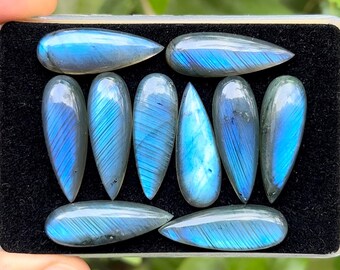 Blue Labradorite Flat Back Cabochons Loose Gemstones Pear Shape, 10x30 mm, 10 Pieces Lot for Making Jewelry