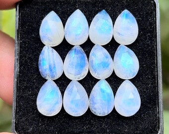 Tranches de pierre de lune arc-en-ciel à dos plat en forme de poire, pierres précieuses en vrac, 8 x 12 mm, lot de 12 pièces pour la fabrication de bijoux