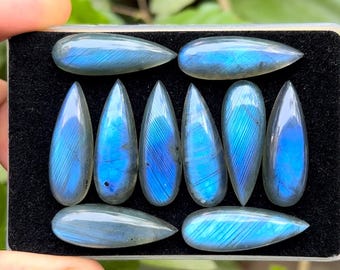 Blue Labradorite Flat Back Cabochons Loose Gemstones Pear Shape, 10x30 mm, 10 Pieces Lot for Making Jewelry
