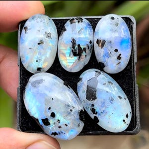 Rainbow Moonstone With Tourmaline Flat Back Cabochons Loose Gemstones Mix Shape, 23-30 mm, 5 Pieces Lot for Making Jewelry TR-9