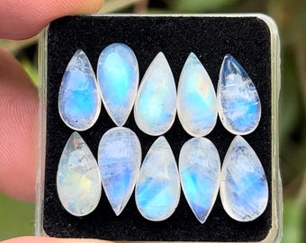 Cabochons à dos plat en pierre de lune arc-en-ciel, pierres précieuses en vrac, forme poire, 6 x 12 mm, lot de 10 pièces pour la fabrication de bijoux RB-01