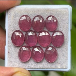 Può includere: Una collezione di dieci gemme ovali sfaccettate, di colore rosa chiaro. Le gemme sono esposte in un vassoio di plastica bianco, ognuna con una superficie sfaccettata che cattura la luce. Le gemme sono poste su uno sfondo grigio chiaro.