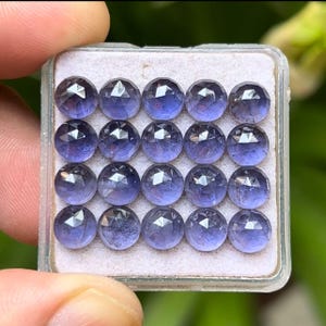 Peut inclure: Une collection de vingt pierres précieuses rondes, bleu-violet, à facettes. Les gemmes sont disposées dans un plateau en plastique transparent, tenu par une main. Les gemmes ont une surface polie et réfléchissante, et sont disposées en grille.