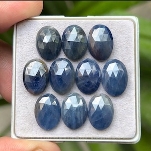 100% Natural Blue Sapphire Flat Back Rose cut Slices Loose Gemstones Oval Shape, 10x14 mm, 10 Pieces Lot for Making Jewelry