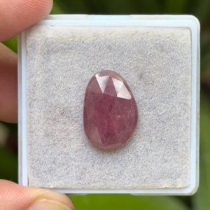 May include: A faceted, oval-shaped, pink gemstone is displayed in a white plastic case with a gray velvet lining. The gemstone has a polished surface and a complex, geometric internal structure, reflecting light.