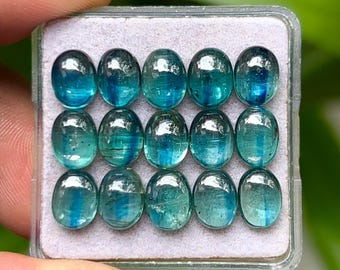 Emerald Green Kyanite Cabochons: 6x8mm Oval Gemstones, 15 Piece Lot