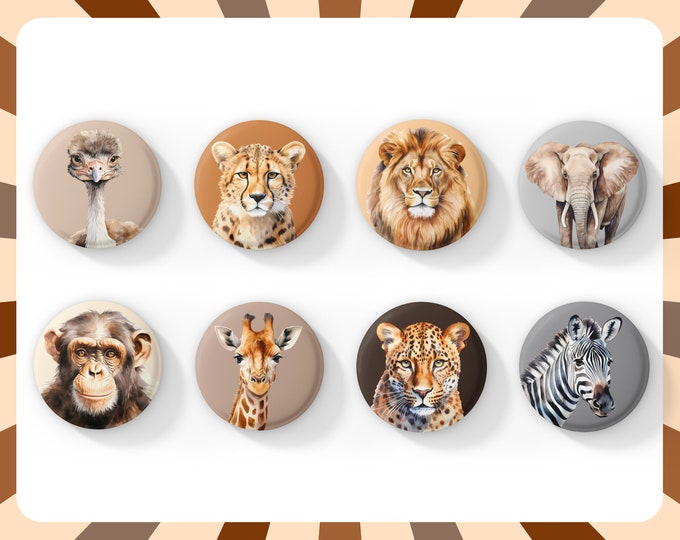 Safari Animals Pin Badges, Jungle Animals, Zoo Theme, Zebra, Elephant, Rhino, Lion, Tiger, Giraffe, Xmas Stocking Filler, Advent Calendar