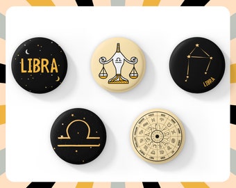 Libra Pin Badges | Zodiac Sign | Birthday button | Star Constellation | Astrology Print Jewellery | Cosmic Celestial | October Gift