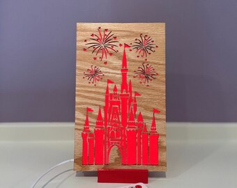 Magical Light Up Wooden Disney Castle and Mickey Fireworks Home or Office Decor Standing Sign