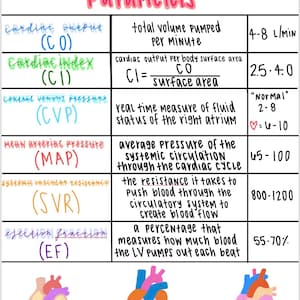 Könnte beinhalten: Eine weiße Tabelle mit dem Titel "Hämodynamische Parameter" in Rosa und Lila. Die Tabelle listet Herzzeitvolumen, Herzindex, zentralen Venendruck, mittleren arteriellen Druck, systemischen Gefäßwiderstand und Ejektionsfraktion auf.