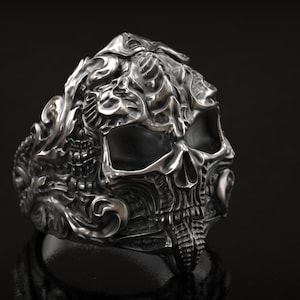 Biomechanics Victorian Skull Ring, Biker Ring, Mans Ring, Punk Ring, 3d printed Jewelry, 3d Printed, Gothic Unique Ornate, Floral ornate