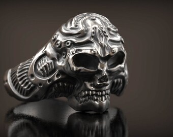 Biomechanical Skull Ring, Robot Sklull Ring, Cyber punk Ring, Biker Ring, Mechanical Ring, Mens Ring, Covenant Style, 3d printed Jewelry