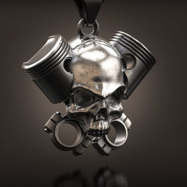 Pendentif piston et tête de mort, pendentif motard, pendentif moto pour homme, breloque moteur piston, pendentif punk, bijoux imprimés en 3d, argent sterling