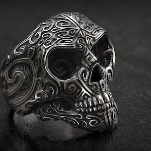Ornate Silver Skull Ring, Biker Ring, Mans Ring, Punk Ring, 3d printed Jewelry, 3d Printed, Gothic Unique Ornate, floral ornate