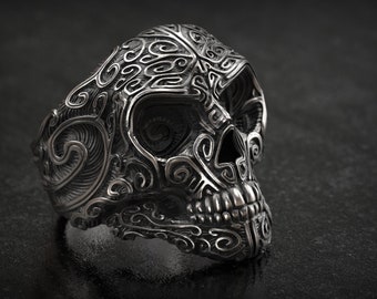 Ornate Silver Skull Ring, Biker Ring, Mans Ring, Punk Ring, 3d printed Jewelry, 3d Printed, Gothic Unique Ornate, floral ornate