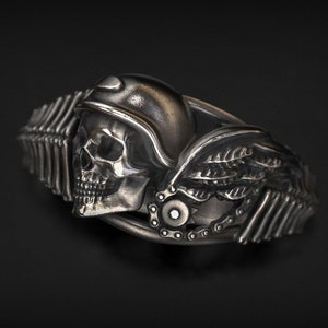 Biker Skull Ring, Helmet Skull, Biker Ring, Man Ring, Punk Ring, Bike Chain Ring, Bone and Skull, 3d printed Jewellery, Sterling Silver