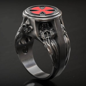 Medieval Knights Templar Ring, Mens Ring, Seal of Knights Templar, Templar Cross , 3d printed Jewelry , Sterling Silver, Oxidized,