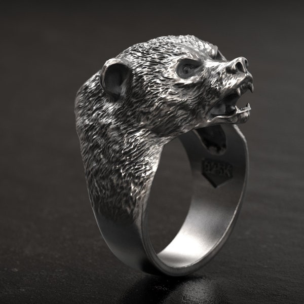 Silver Bear Ring, Bear Head Ring, Wild Bear Ring, Men Jewelry, Large Bear Ring, Punk Ring, 3d printed Jewellery, 3d Printed, Oxidized Ring