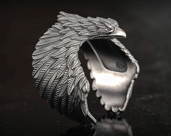 Flying Eagle Silver Ring, Eagle Ring, American Eagle Ring, Celtic Norse Bird of Prey, Animal Jewelry, Biker Ring, 3d printed Jewelry