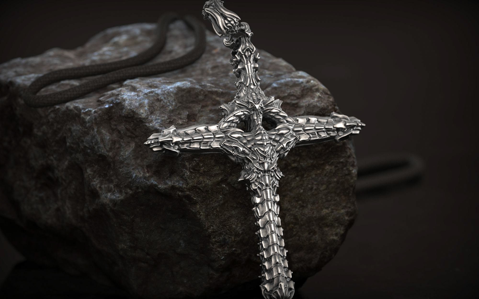 Giger Inspired, Biomechanical Cross Pendant, Biker Jewelry, 925K