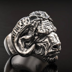 Silver Bison Ring, Bison Head Ring, Ram Head Ring, Men Jewelry, Large Bison Ring, Punk Ring, 3d printed Jewellery, 3d Printed, Oxidized Ring