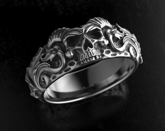 Horned skull ring, Baroque pattern ring, Punk Ring, Biker Ring, Man Ring, Evil Skull Ring, Occult Ring, 3D Print, 3d printed Jewellery