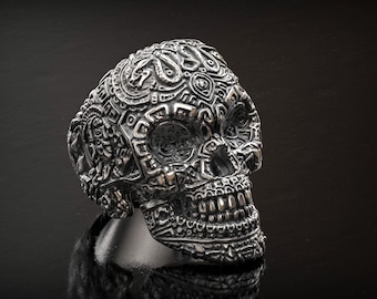Mayan Skull Ring, Mens Ring, Aztec Skull Ring, Skull head ring, Biker Jewelry, Mens jewelry, Ancient ring, Oxidized Ring, Aztec Ring