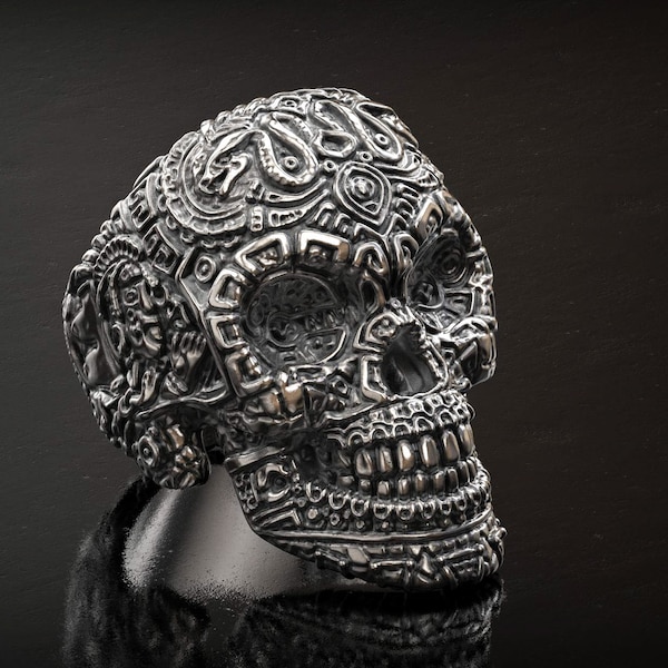 Mayan Skull Ring , Mens Ring, Aztec Skull Ring, Skull head ring ,Biker Jewelry,  Mens jewelry , Ancient ring, Oxidized Ring , Aztec Ring