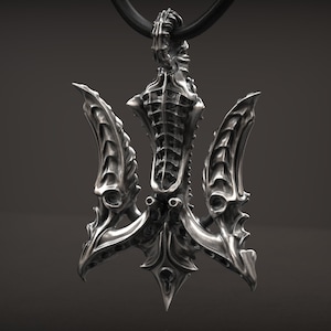 LUTAKU Herren Halskette – Falcon Biomechanischer Dreizack Anhänger, Edelstahl, 60 Cm, Unisex, Giger Style
