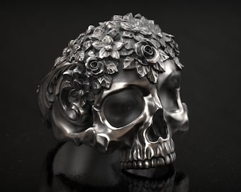 Skull ring , Floral Skull , Flower Skull Ring , Rose Skull , Women Ring , Gothic Skull , Punk Ring , 3D Print , 3d printed Jewelry,